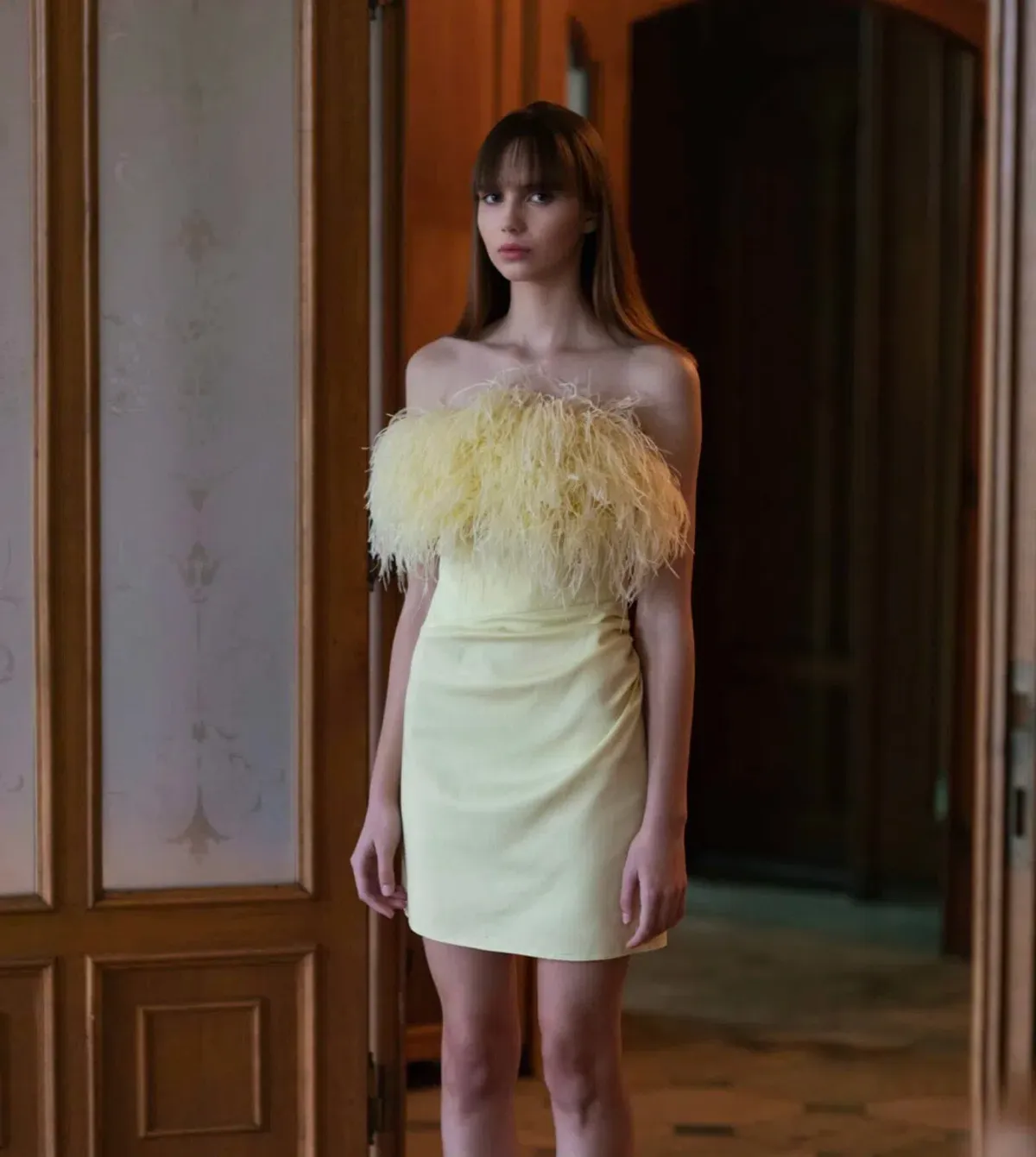 F.ILKK Feather Mini Dress Yellow Size 8 - Image 3