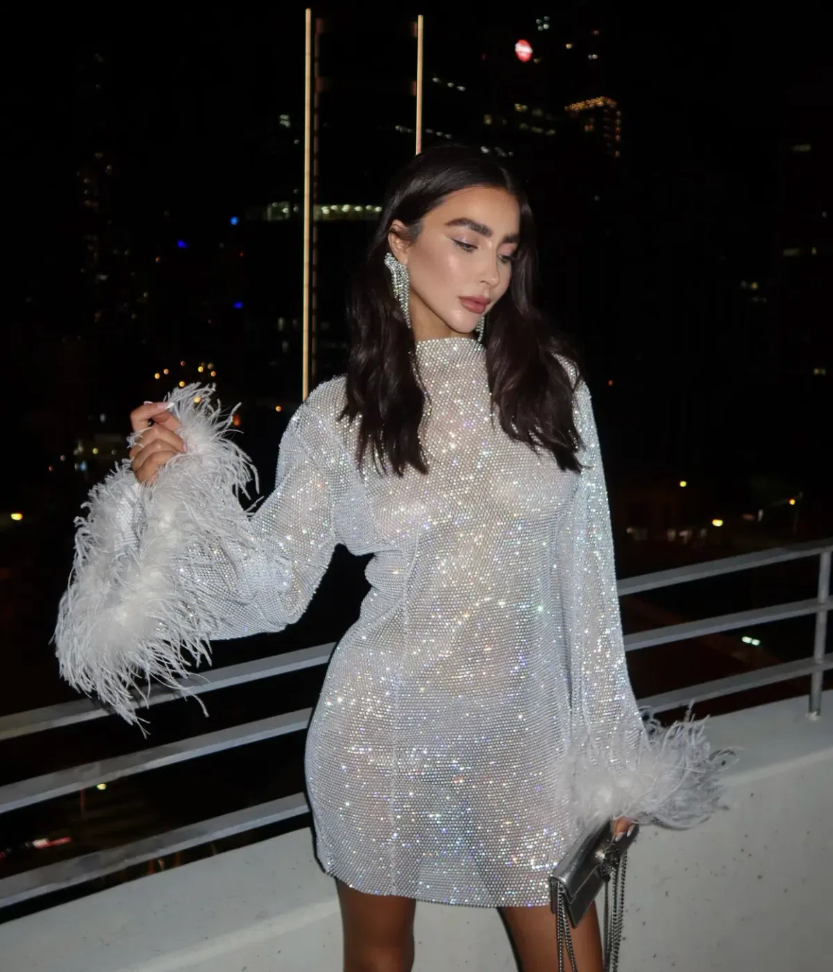 Heiress Beverly Hills Crystal Embellished Feather Trim Mini Dress White Size 8 - Image 4