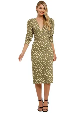 By Johnny Peach Polka V Plunge Midi Dress Olive Peach Size 8 for rent on The Volte - image 2