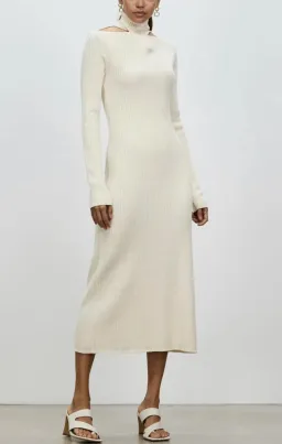 Camilla And Marc Ecru High Neck Gray Rib Knit Midi Dress Size 10  for rent on The Volte - image 3