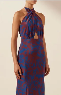 Shona Joy Vida Silk Cross Front Halter Bias Midi Dress Strong Blue Deep Wine Size AU 6  for rent on The Volte - image 4