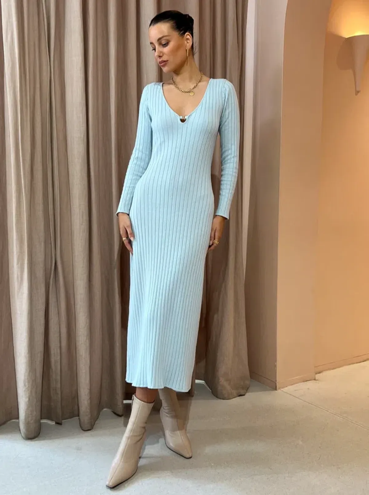 By Nicola Astrology Midi Knit Dress In Ice Blue Size AU 10 - Image 1