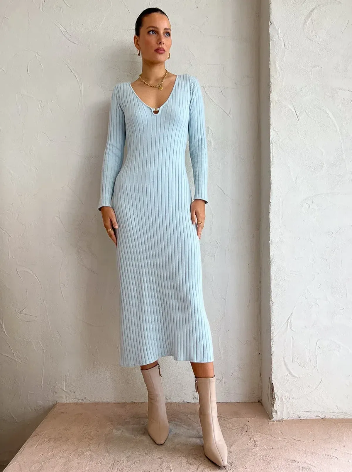 By Nicola Astrology Midi Knit Dress In Ice Blue Size AU 10 - Image 3
