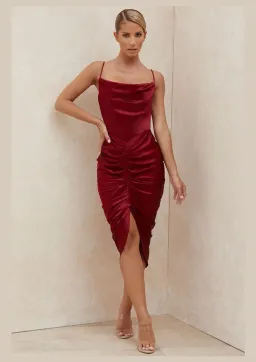 House of CB Nera Satin Draped Corset Dress Wine Size 6 for rent on The Volte - image 1