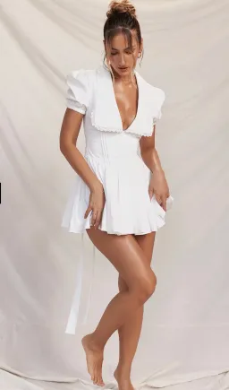 House of CB Piera Collar Pleated Mini Dress in White  Size S/Au 8 for rent on The Volte - image 1