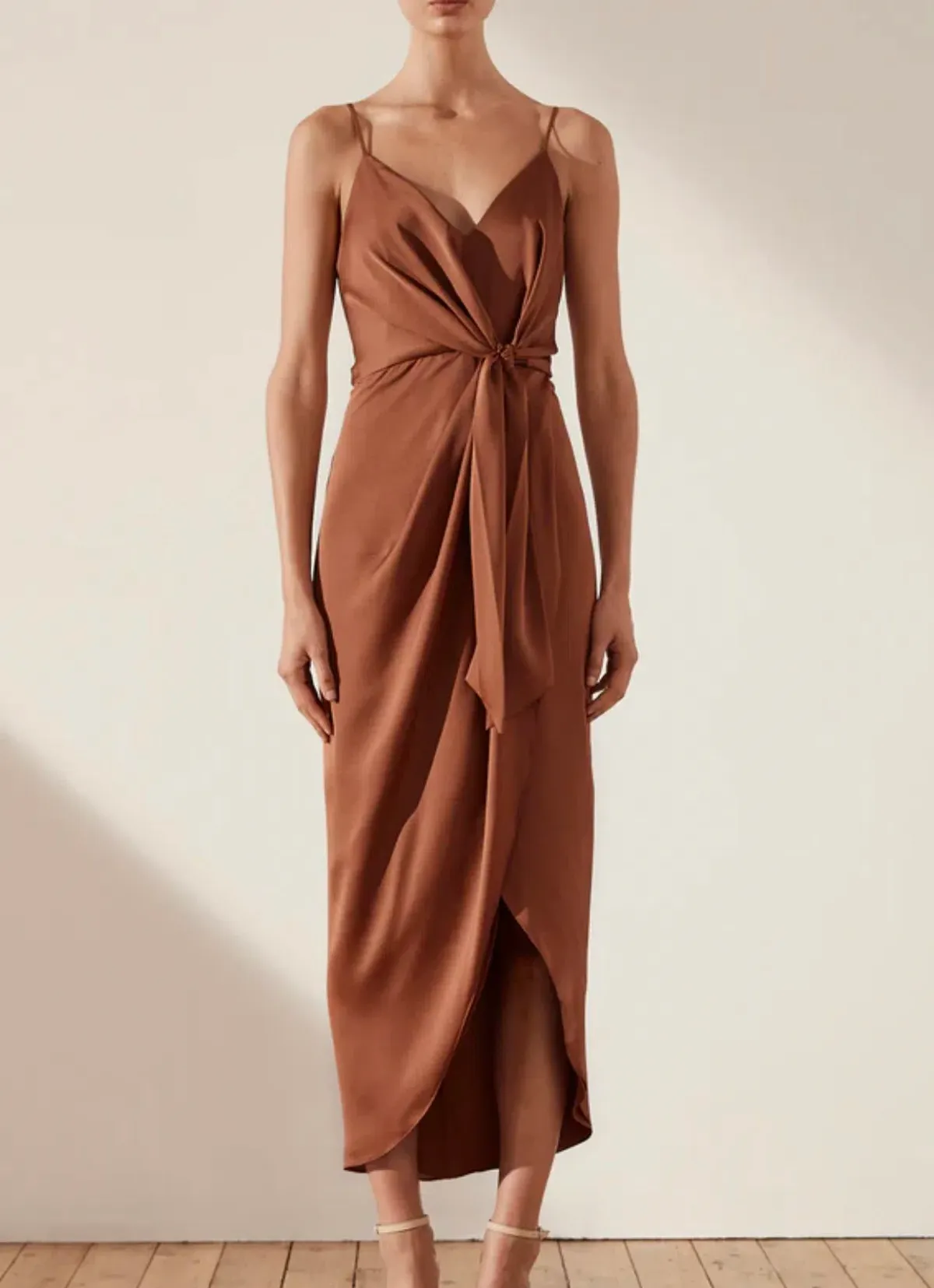 Shona Joy Luxe Tie Front Cocktail Dress Mocha Size AU 16 - Image 3