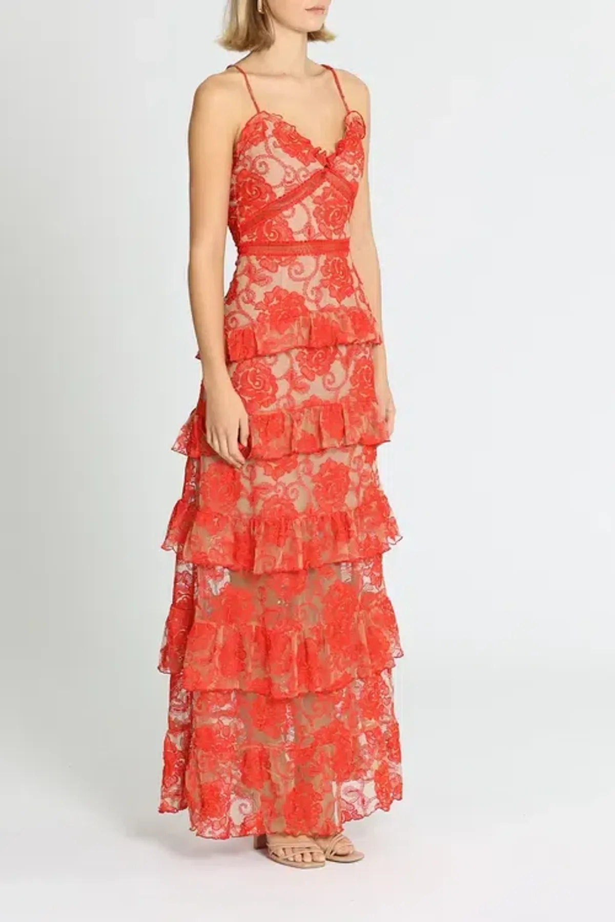 Nicholas Rosie Lace Tiered Gown Red Size 10 - Image 3