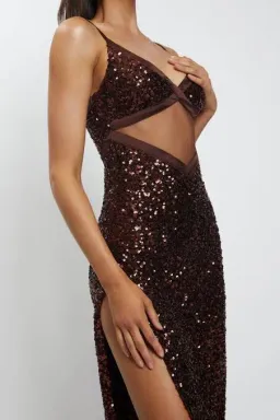 Meshki Amirah Mesh Cut Out Sequin Maxi Dress Brown Size XS / AU 6 for rent on The Volte - image 2