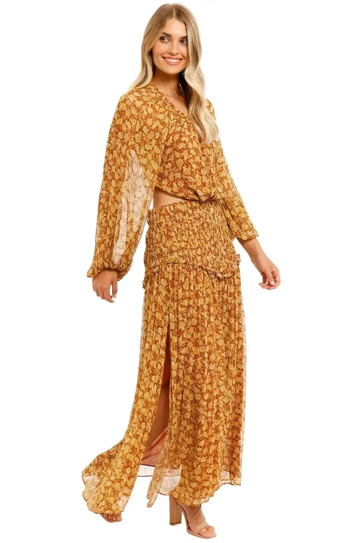 Shona Joy Sunset Cut Out Midi Dress Tumeric Brown Multi Print Size AU 8 - Image 2