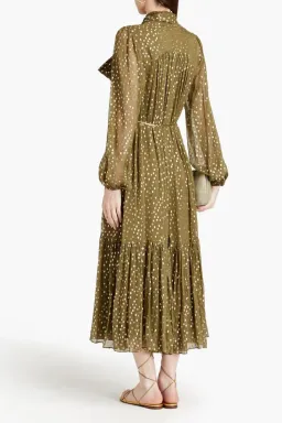 Zimmermann Billow Pussy-bow Metallic Fil Coupé Silk-blend Crepon Midi Dress Green Size AU 10 for rent on The Volte - image 2