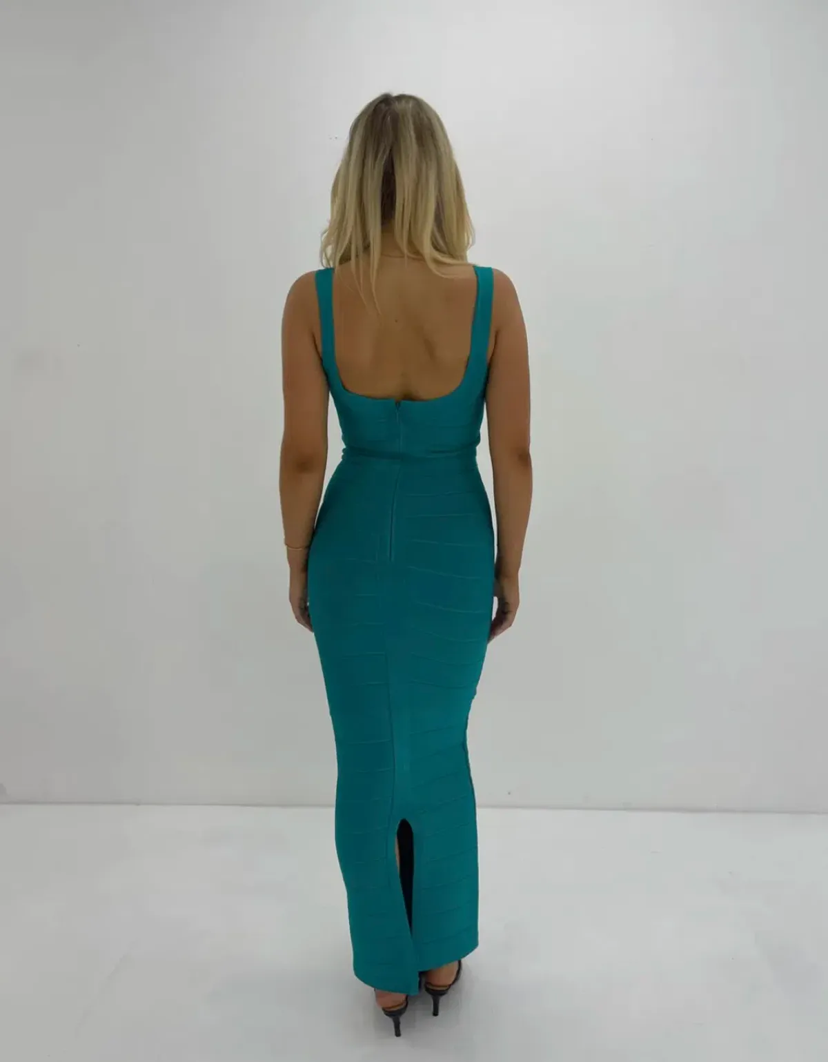 Herve Leger Round Neck Gown Turquoise Size 6 - Image 3