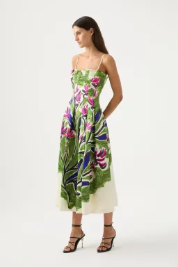 Aje Paradiso Green Floral Cinched Midi Dress Native Gumnut Floral Size 14 for rent on The Volte - image 1