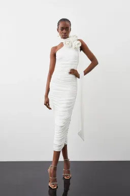 Karen Millen Drapey Ruched Jersey Rosette Midi Dress White Size S /Au 8 for rent on The Volte - image 1