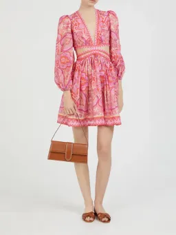 Zimmermann The Halcyon Tie Front Mini Dress in Pink/Purple Paisley Size 1/Au 10 for rent on The Volte - image 1