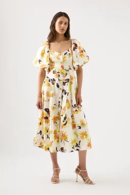 AJE Soleil Belted Midi Dress Pressed Sunflowers Size 10  for rent on The Volte - image 1