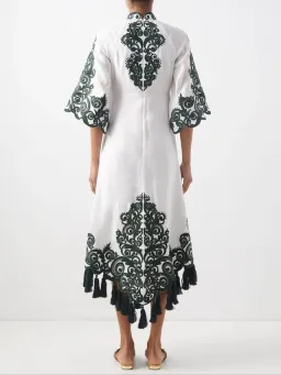 Zimmermann Anneke Tassel-Trimmed Embroidered Linen Dress Ivory/Green Size 0 / Au 8  for rent on The Volte - image 2