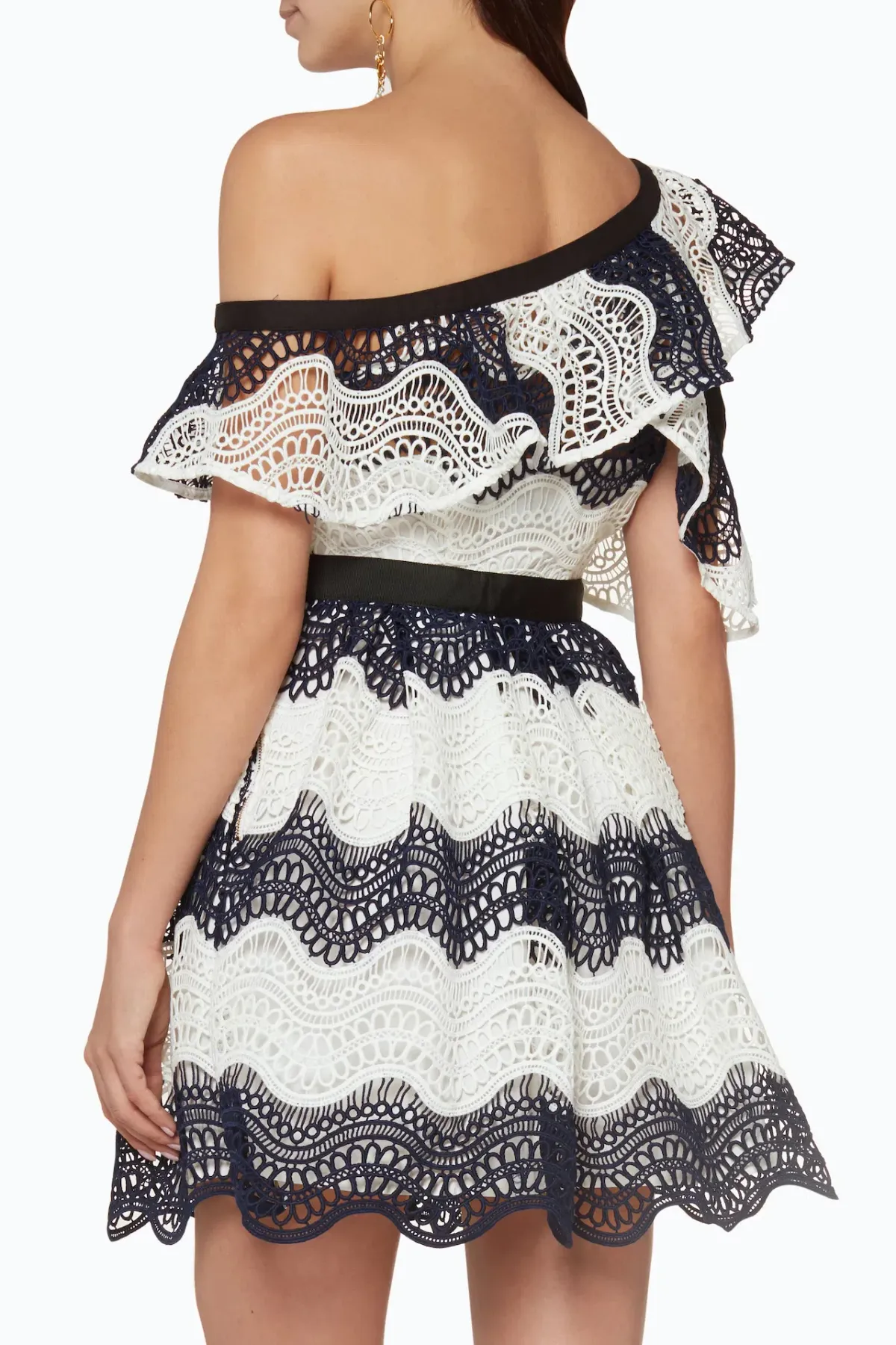 Self Portrait One Shoulder Striped Guipure Lace Mini Dress Navy/White Size 12 - Image 3