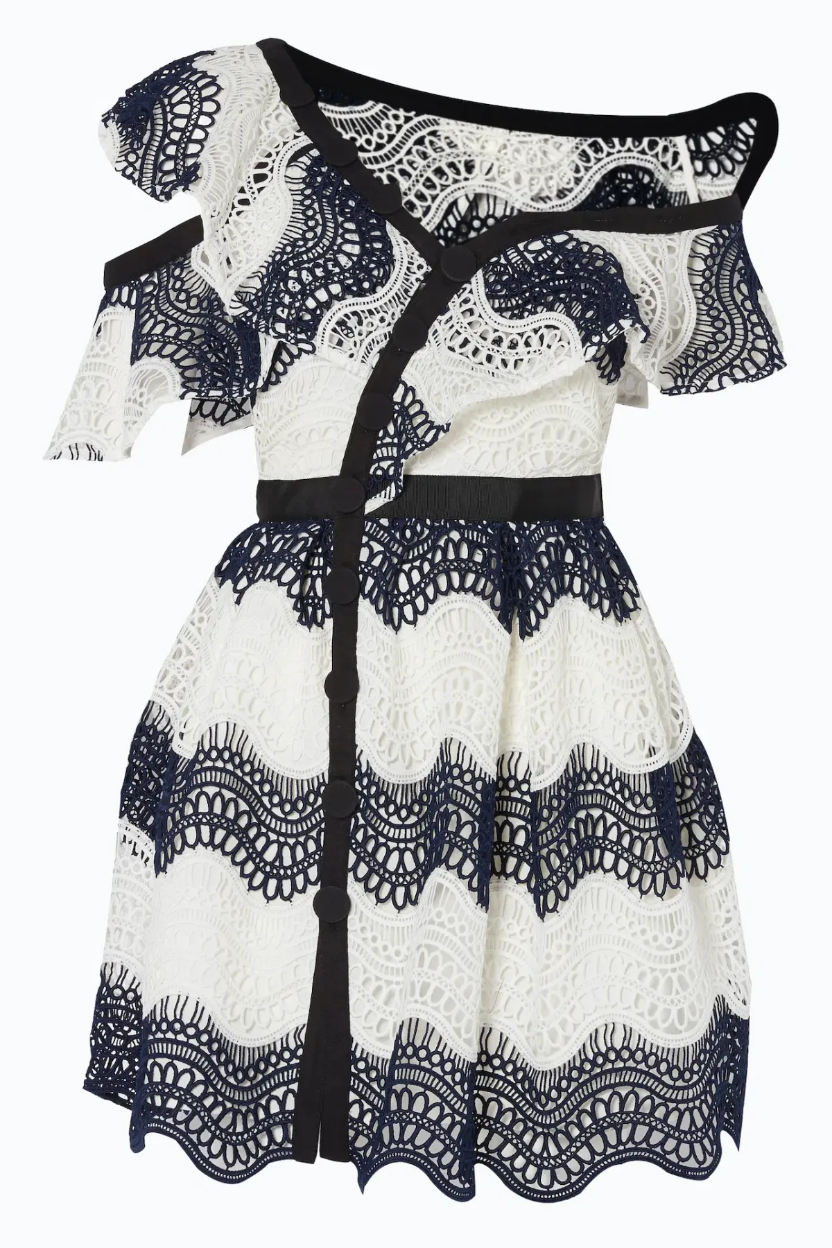 Self Portrait One Shoulder Striped Guipure Lace Mini Dress Navy/White Size 12 - Image 8