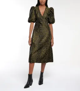 Ganni Puff Sleeve Leopard Jacquard Midi Dress Print Size 44 for rent on The Volte - image 1