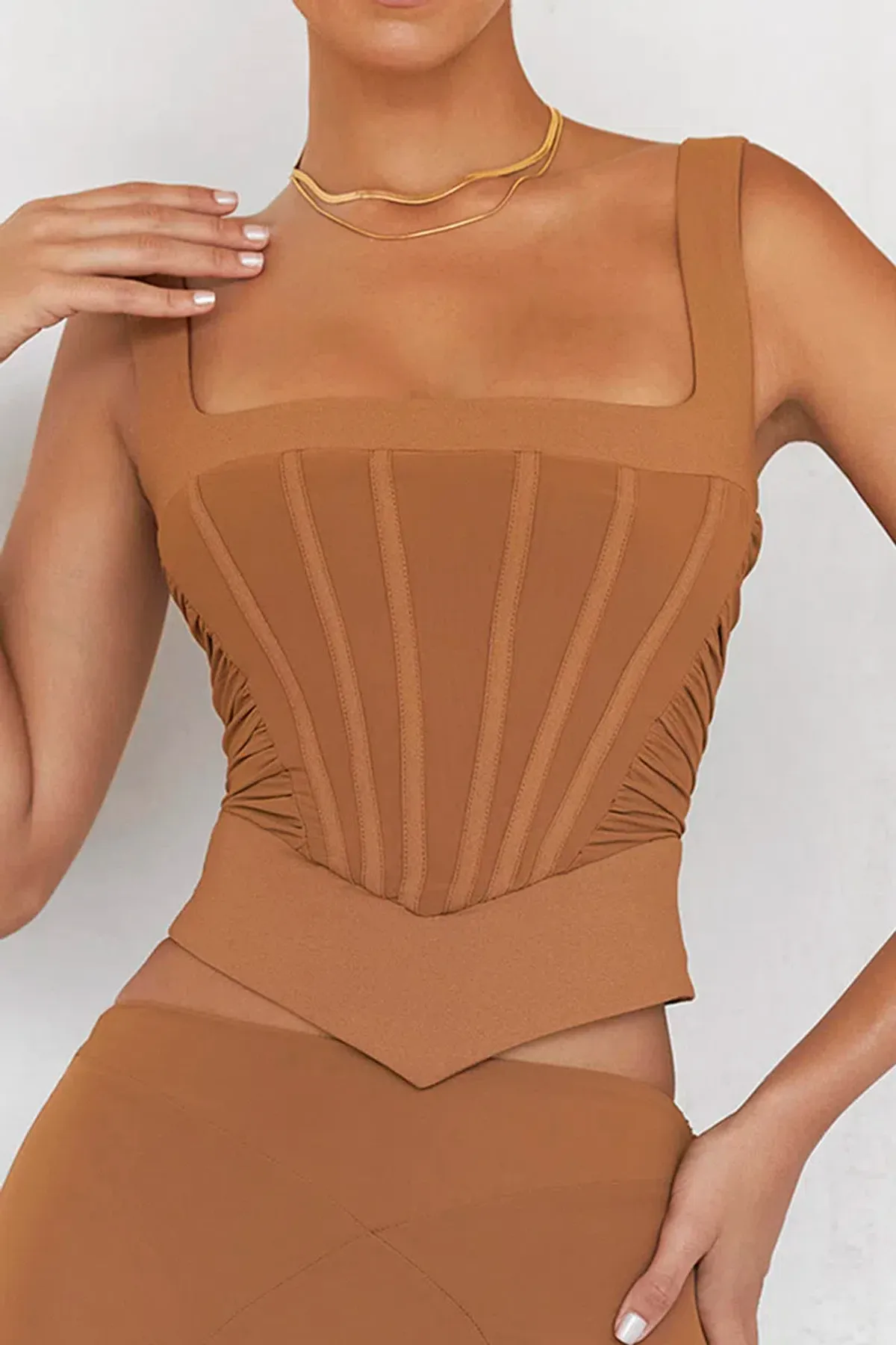 House of CB Mistress Rocks Caramel Gathered Corset & Midi Skirt Set Brown Size XS / AU 6 - Image 5