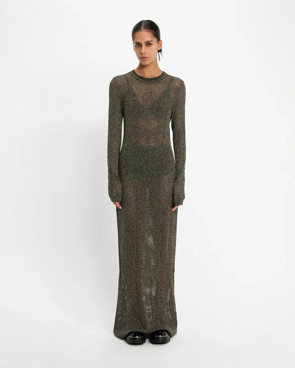 Cue Lurex Crochet Maxi Dress Gunmetal Size 8 - Image 1