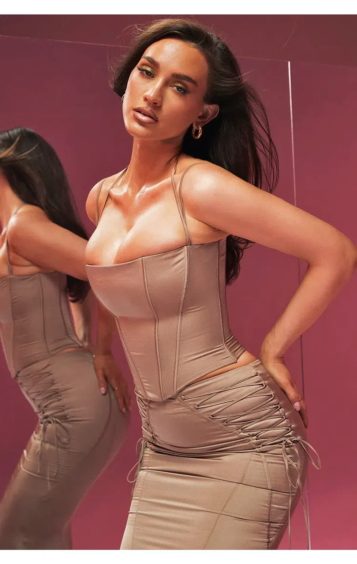 House of CB Chantelle Satin Corset & Sidonie Satin Lace Up Midi Skirt Set in Latte Size XL / AU 14 - Image 4