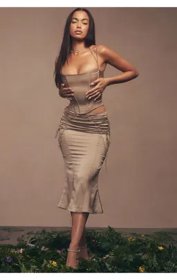 House of CB Chantelle Satin Corset & Sidonie Satin Lace Up Midi Skirt Set in Latte Size XL / AU 14 for rent on The Volte - image 1