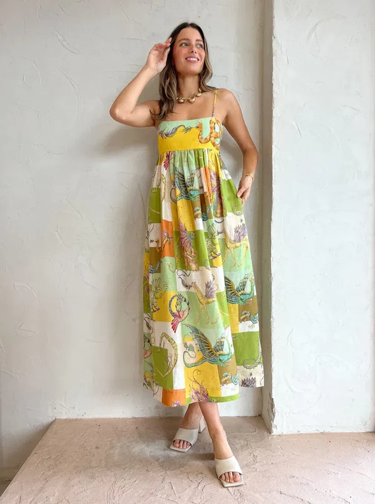 Alemais Jerome Linen Midi Dress Dragon Print Size 12 - Image 3