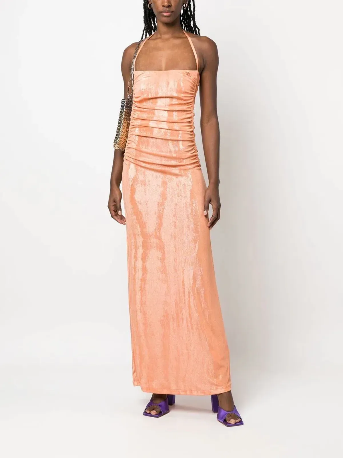 Diesel Metallic Ruched Halterneck Gown in Orange Size 8 - Image 4