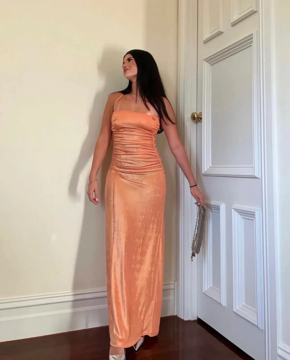 Diesel Metallic Ruched Halterneck Gown in Orange Size 8 - Image 3