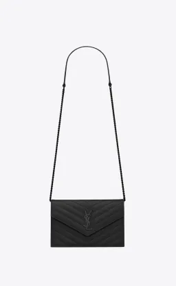 YSL Cassandre Matelassé Chain Wallet In Grain De Poudre Embossed Leather Small Black for rent on The Volte - image 1