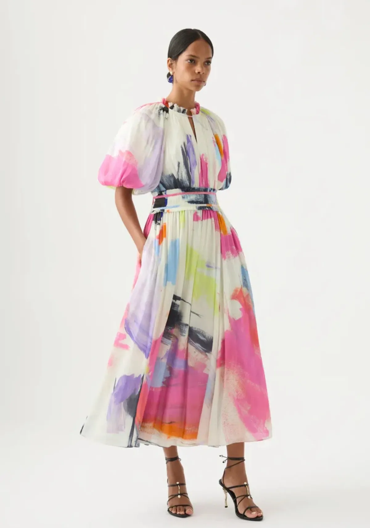 Aje Elysium Blouson Midi Dress Abstract Sunset Print Size 8 - Image 1