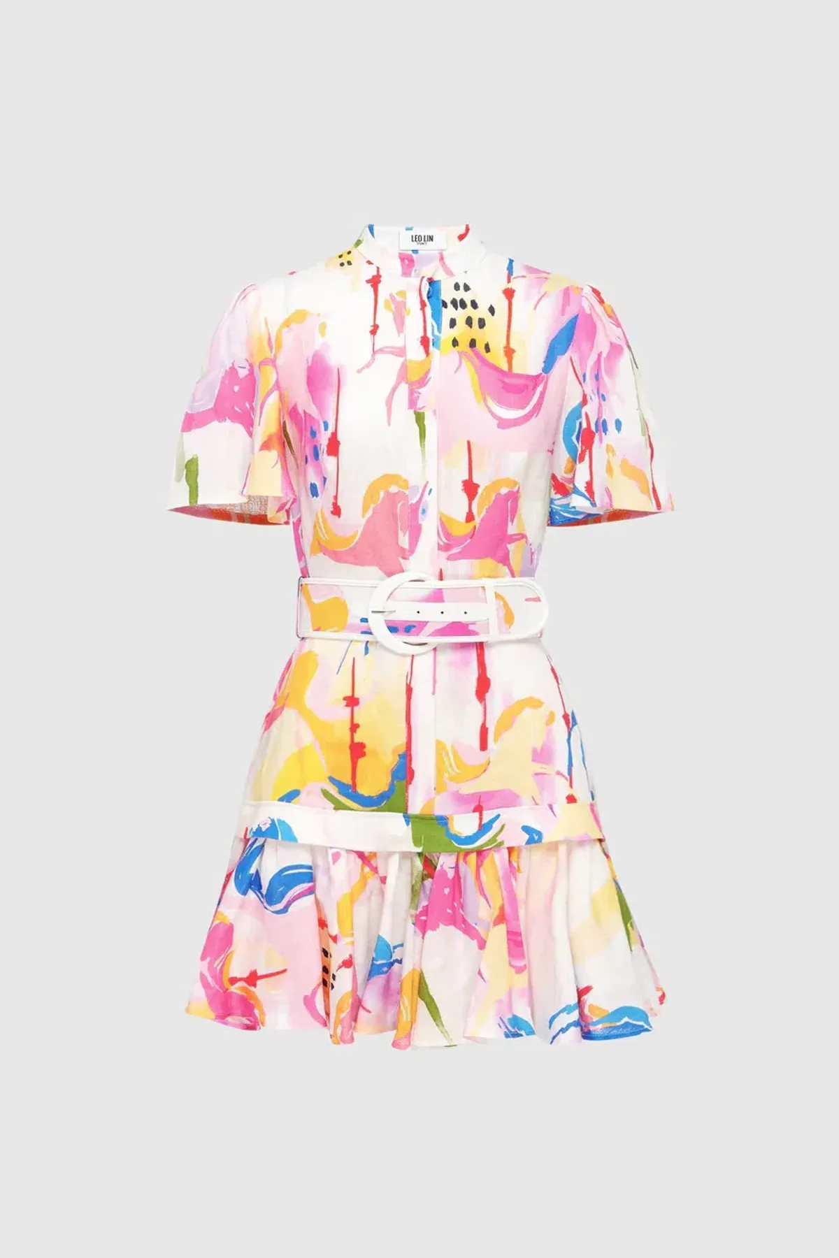 Leo Lin Carousel Linen Shirt Dress Rainbow Multi Print Size AU 14 - Image 2