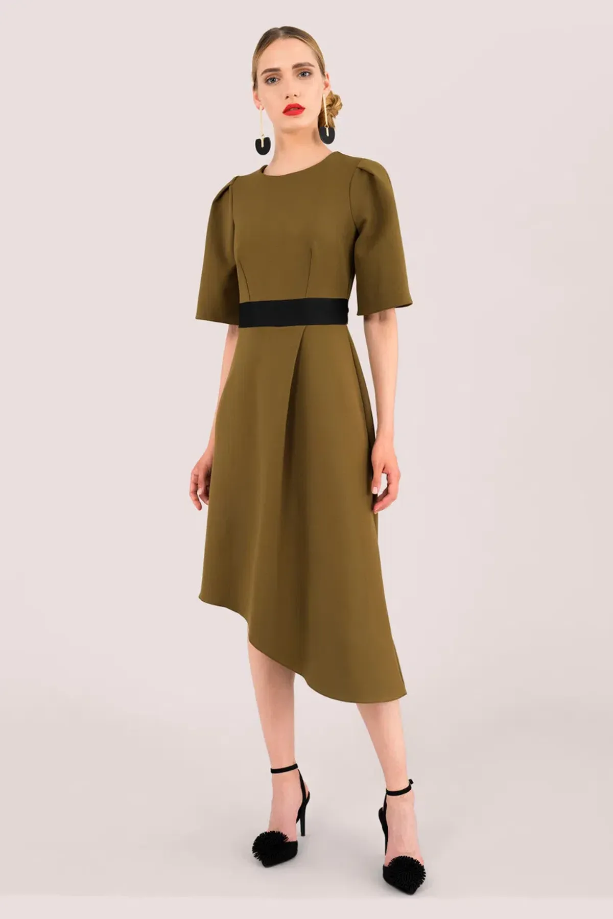 Closet London A-Line Pleated Asymmetrical Midi Dress Khaki Size 12 - Image 1