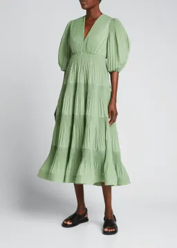 Zimmermann Pleated Balloon Sleeve Tiered Dress In Fern Size 2/Au 12 for rent on The Volte - image 1