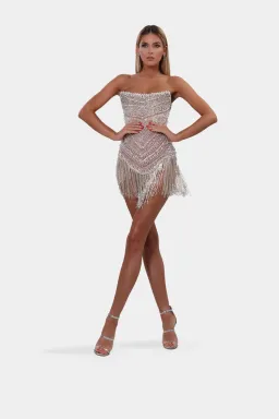 Albina Dyla Mini Silver/nude Corset Tassel Dress Silver/Nude Size 10 for rent on The Volte - image 1