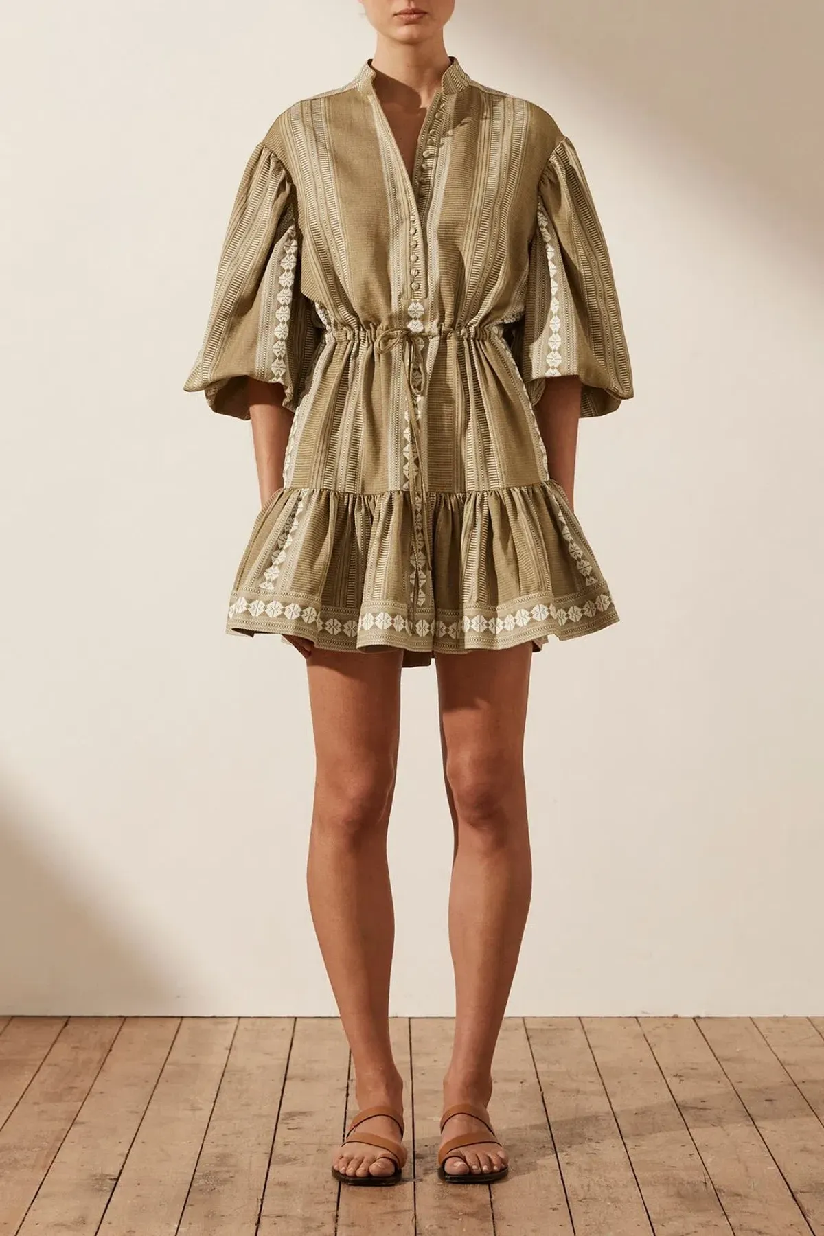 Shona Joy Lizete Balloon Sleeve Drawstring Mini Dress Multi Size 10 - Image 1