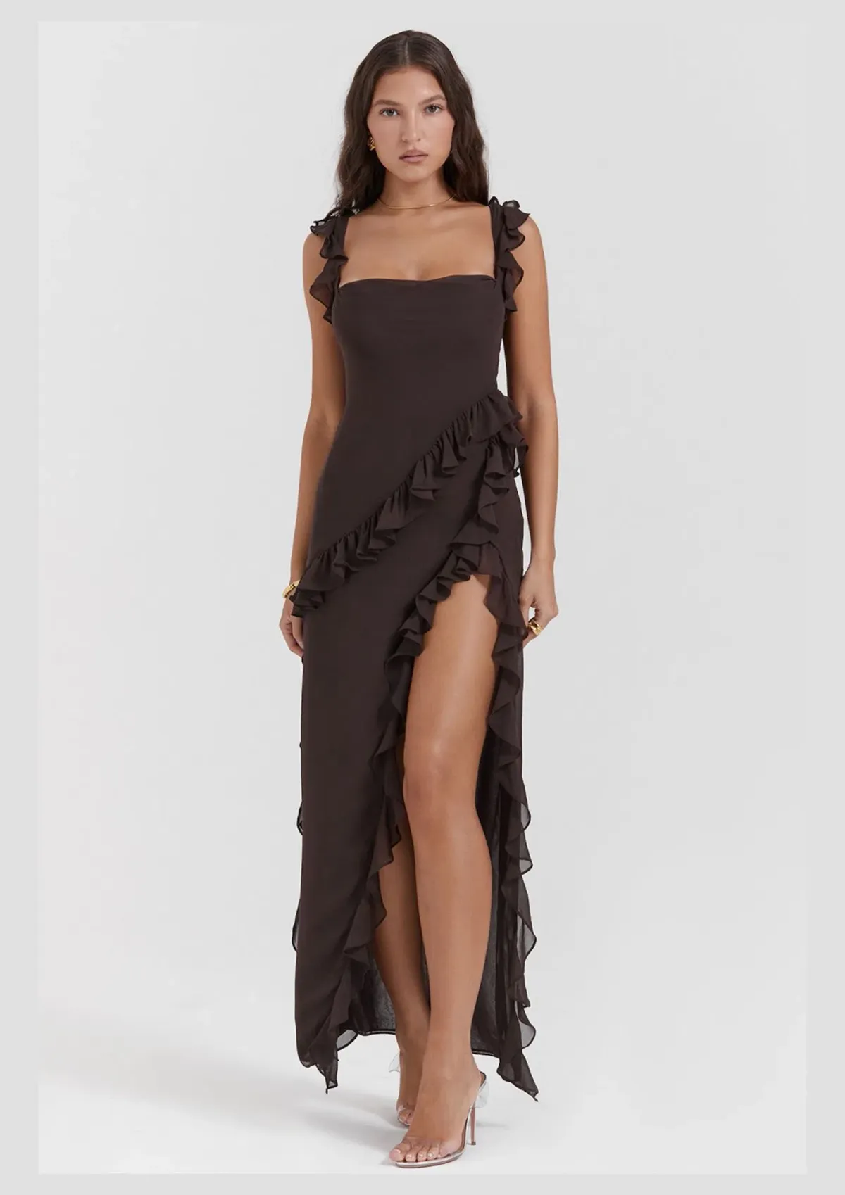 House Of CB Ariela Ruffle Maxi Dress Brown Size S / AU 8 - Image 1