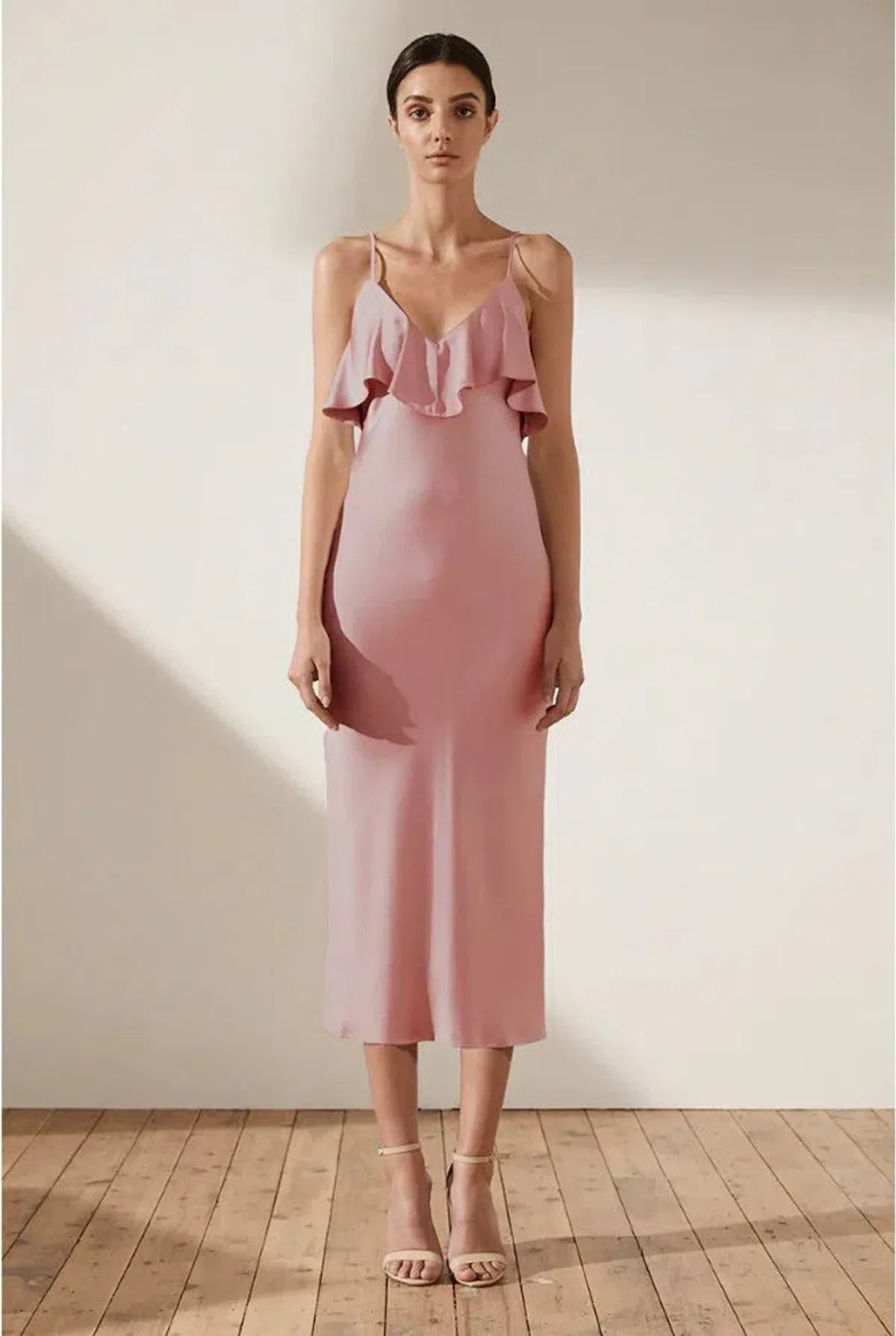 Shona Joy Bias Ruffle Frill Midi Dress Pink Size 6 - Image 1