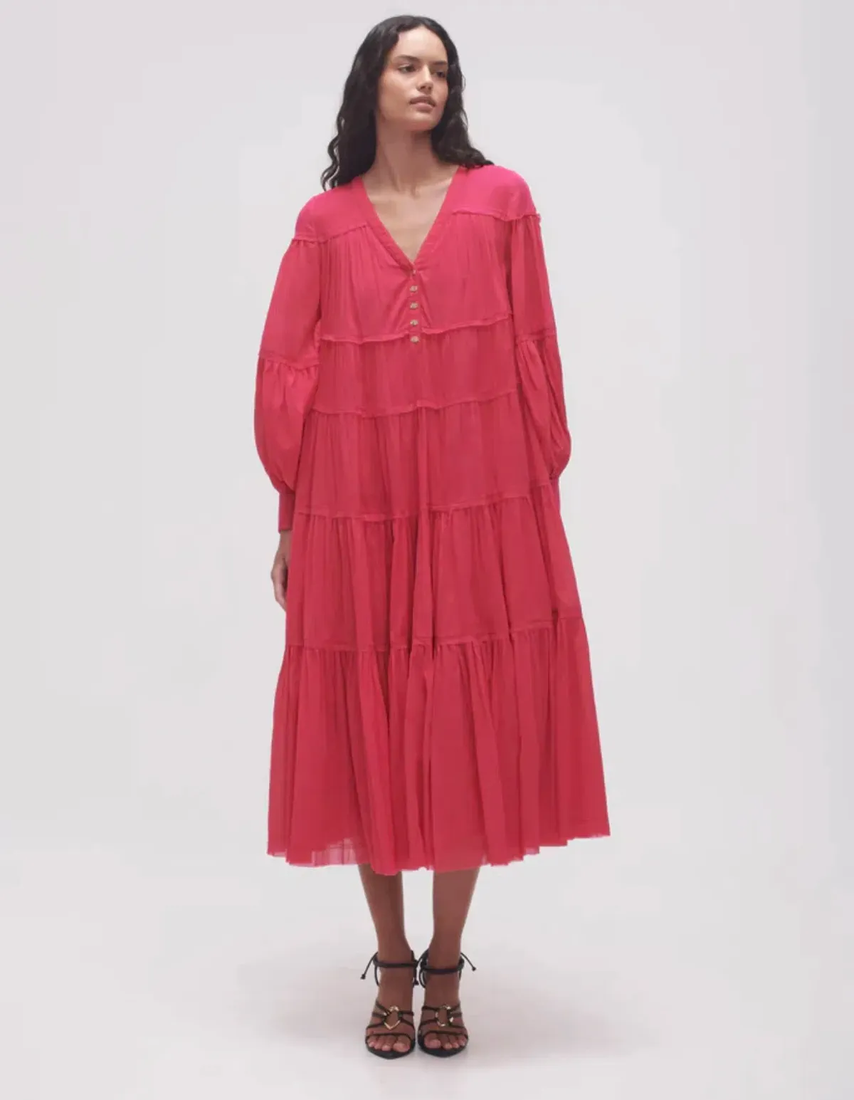 Aje Sally Tiered Plunge Midi Dress Hot Pink Size 14 - Image 1