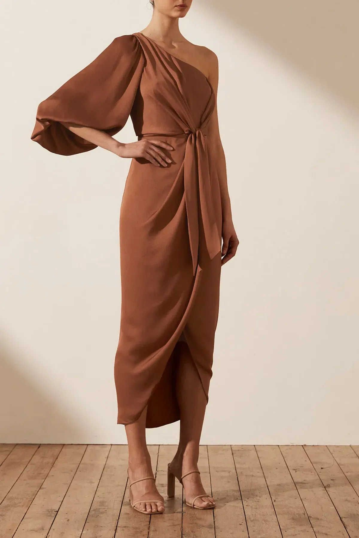 Shona Joy Luxe Tie Front One Shoulder Midi Dress in Mocha Size XS / AU 6 - Image 1