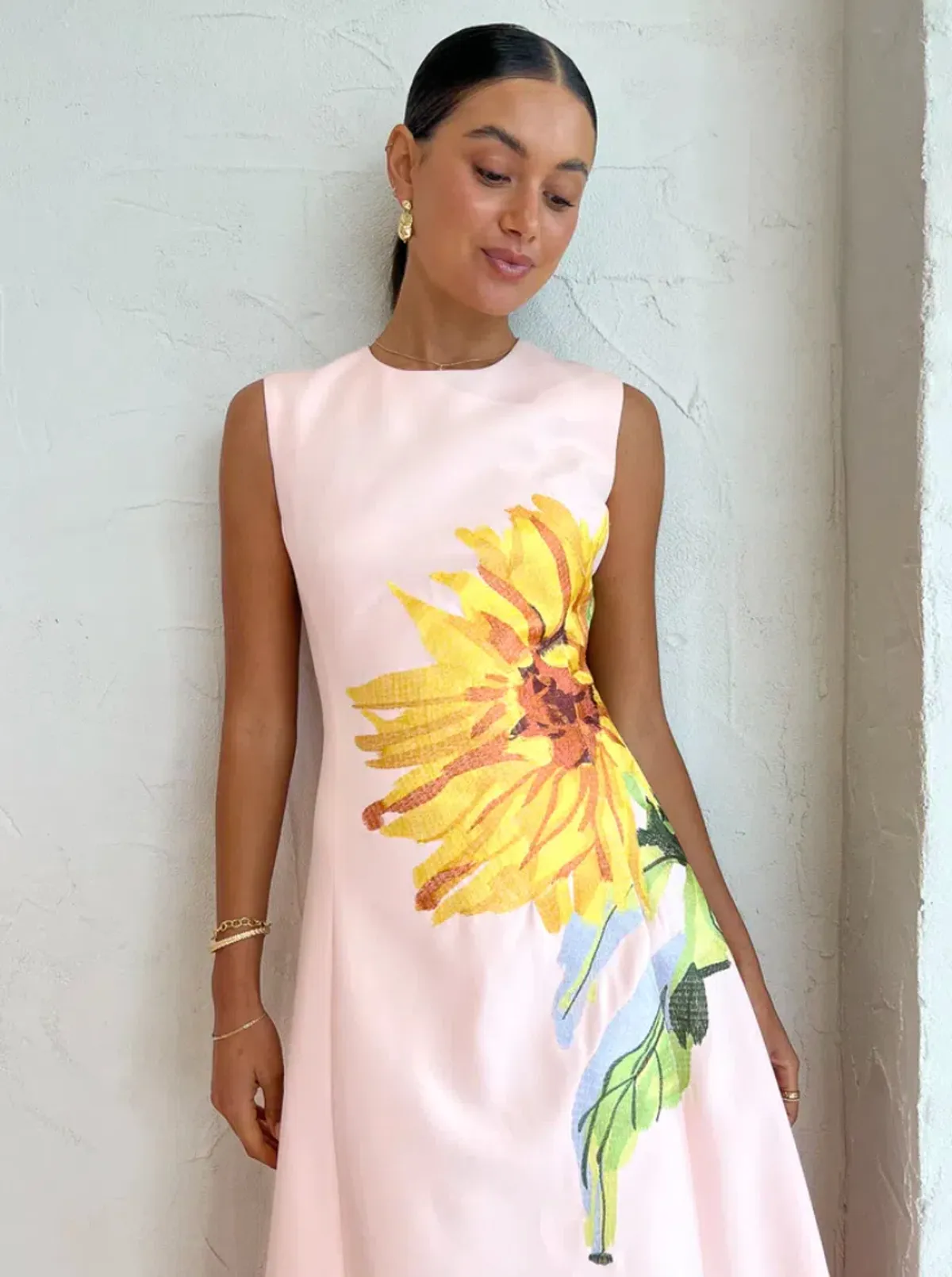 Leo Lin Cleo Sleeveless Midi Dress Sunflower Print in Pink Size 14 - Image 3