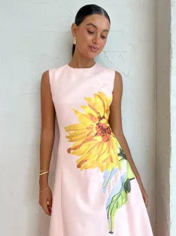 Leo Lin Cleo Sleeveless Midi Dress Sunflower Print in Pink Size 14 for rent on The Volte - image 3