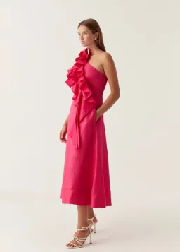 Aje Adelia Ruffle Midi Dress Bougainvillea Red Size 10 for rent on The Volte - image 1