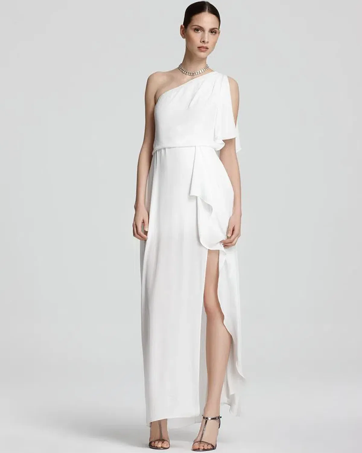 BCBGMAXAZRIA Kendal Ruffle One Shoulder Gown White Size 16 - Image 1