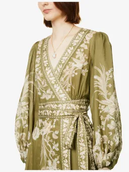 Zimmermann Anneke Floral Print Cotton Voile Wrap Midi Dress in Army Green Size 0/AU 8 for rent on The Volte - image 3