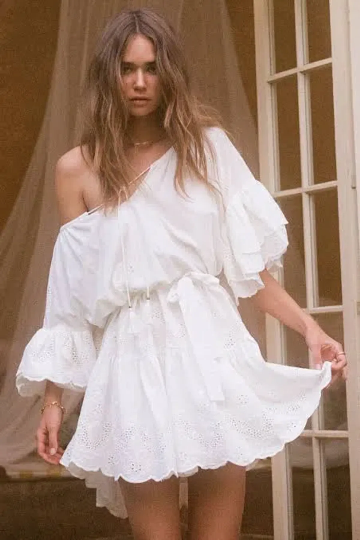 Spell Capulet Broderie Anglaise Frill Smock Mini Dress White Size L / AU 12 - Image 3