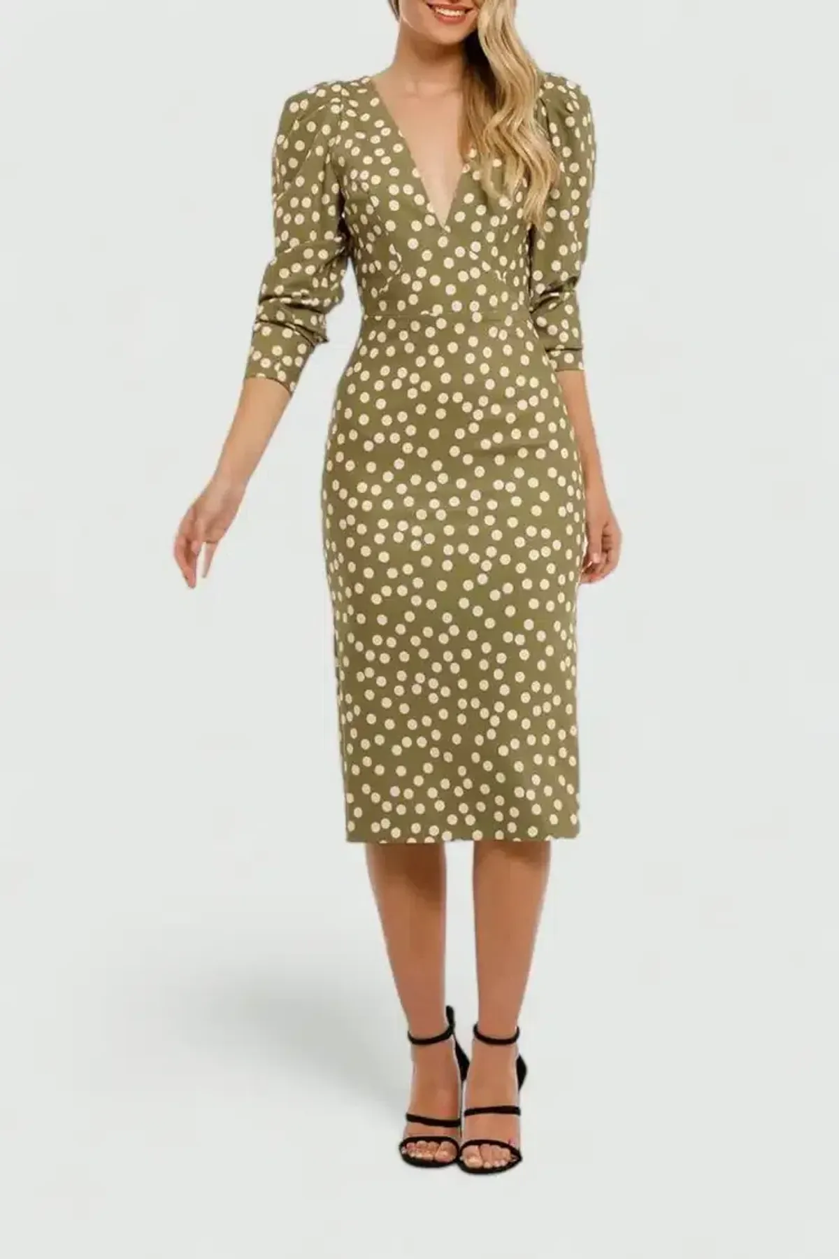 By Johnny Peach Polka V Plunge Midi Dress in Olive Peach Size 10 - Image 2