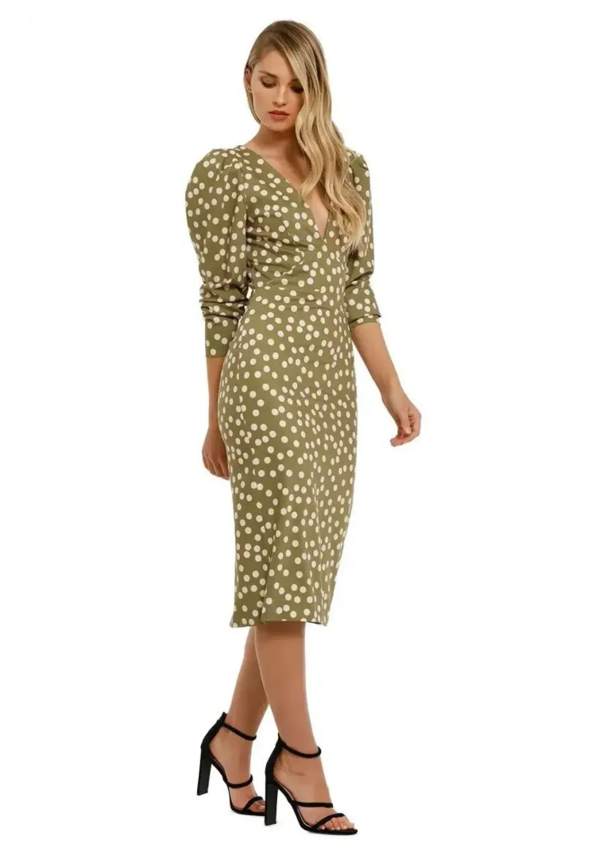 By Johnny Peach Polka V Plunge Midi Dress in Olive Peach Size 10 - Image 1