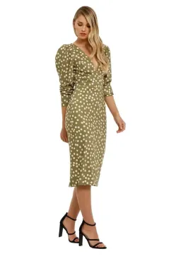 By Johnny Peach Polka V Plunge Midi Dress in Olive Peach Size 10 for rent on The Volte - image 1